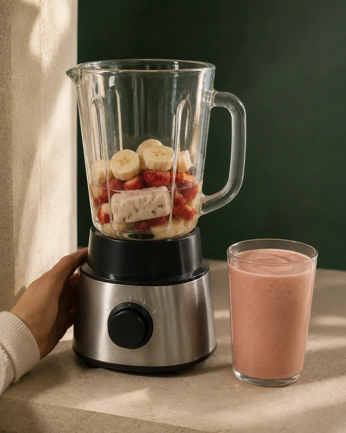 NUBE, banana y fresa en la licuadora junto a un smoothie